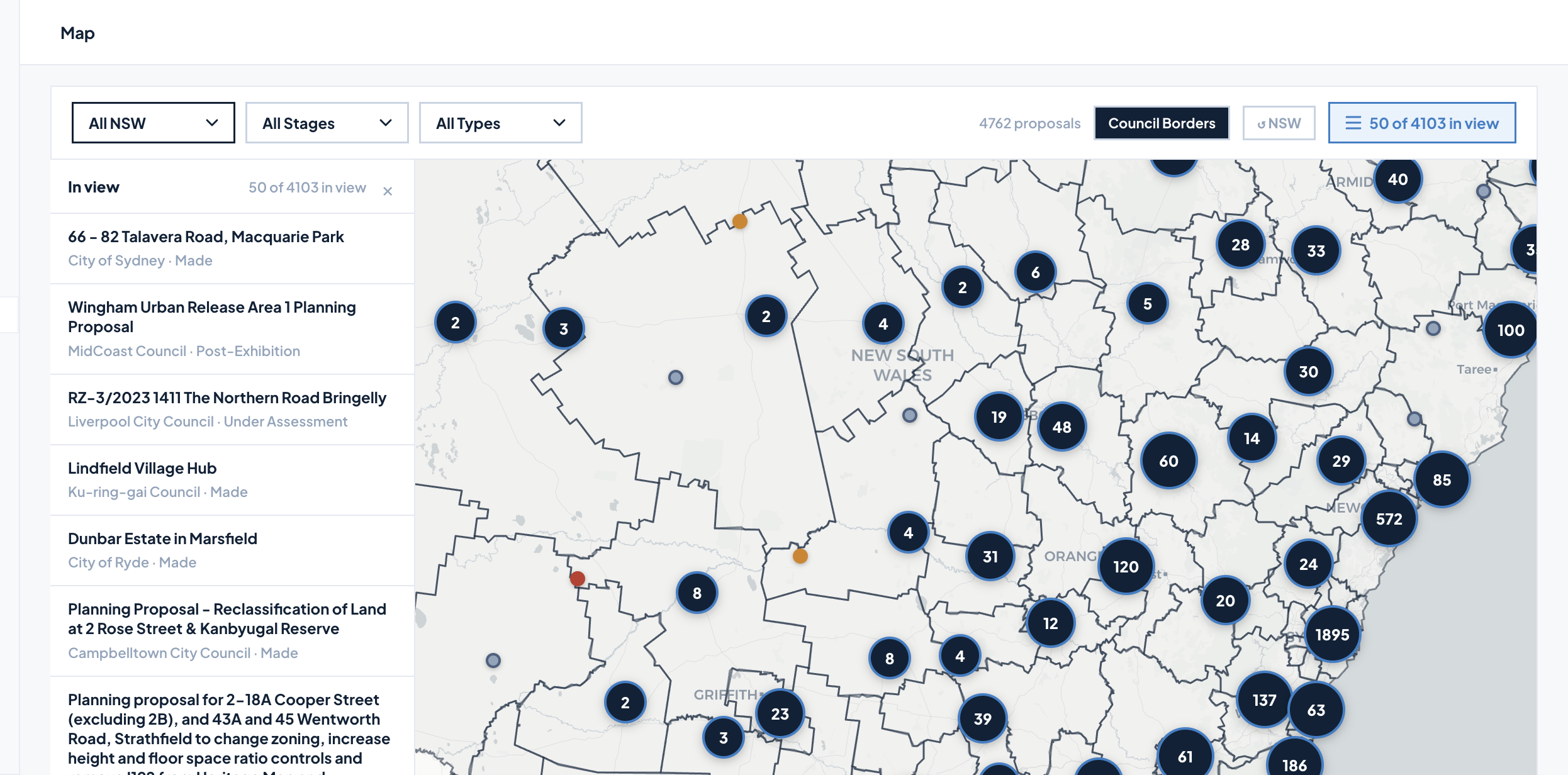 Map — council clusters, proposal counts, geographic view